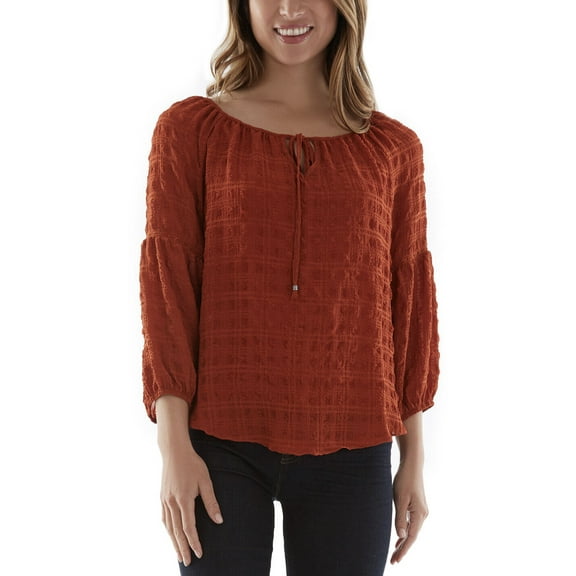 BCX Juniors' 3/4-Sleeves Plaid Peasant Blouse Round Neckline Paprika Size M