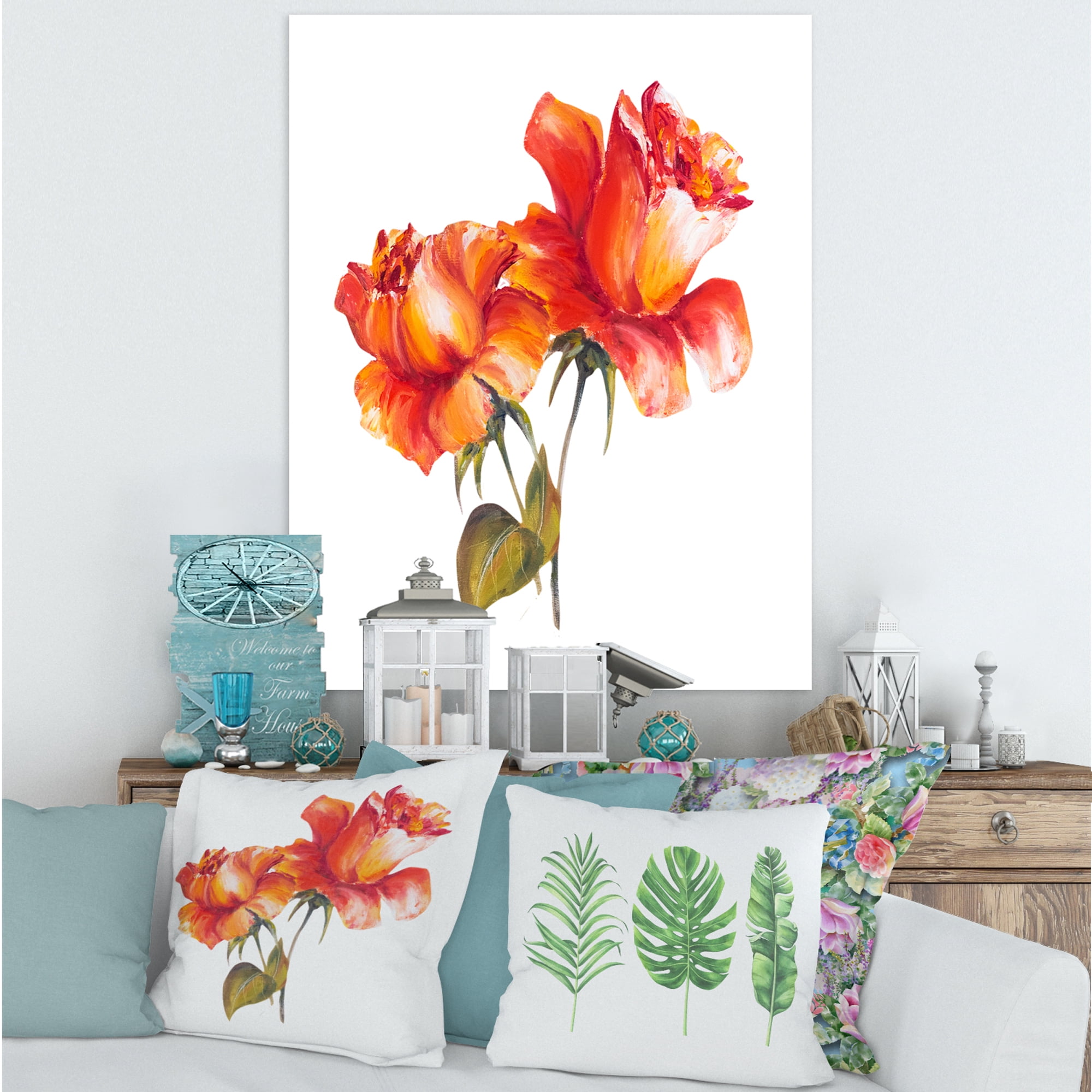 Designart ' Two Blossoming Red Roses On White ' Traditional Canvas Wall Art Print