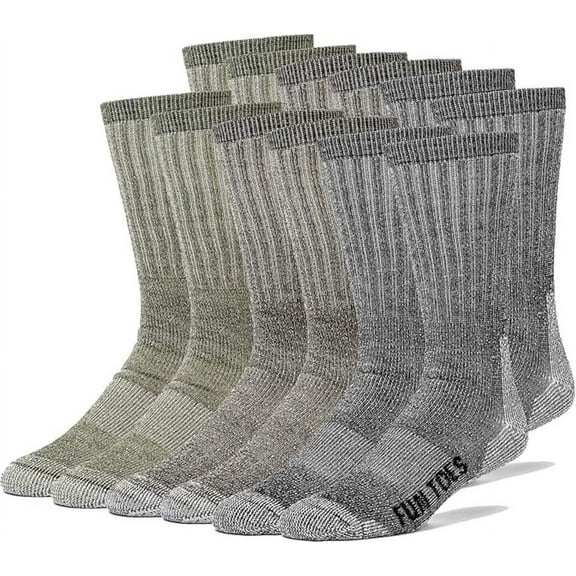 FUN TOES Merino Wool Hiking Socks for Men – Thermal, Cushioned, Crew Length – 6 Pairs
