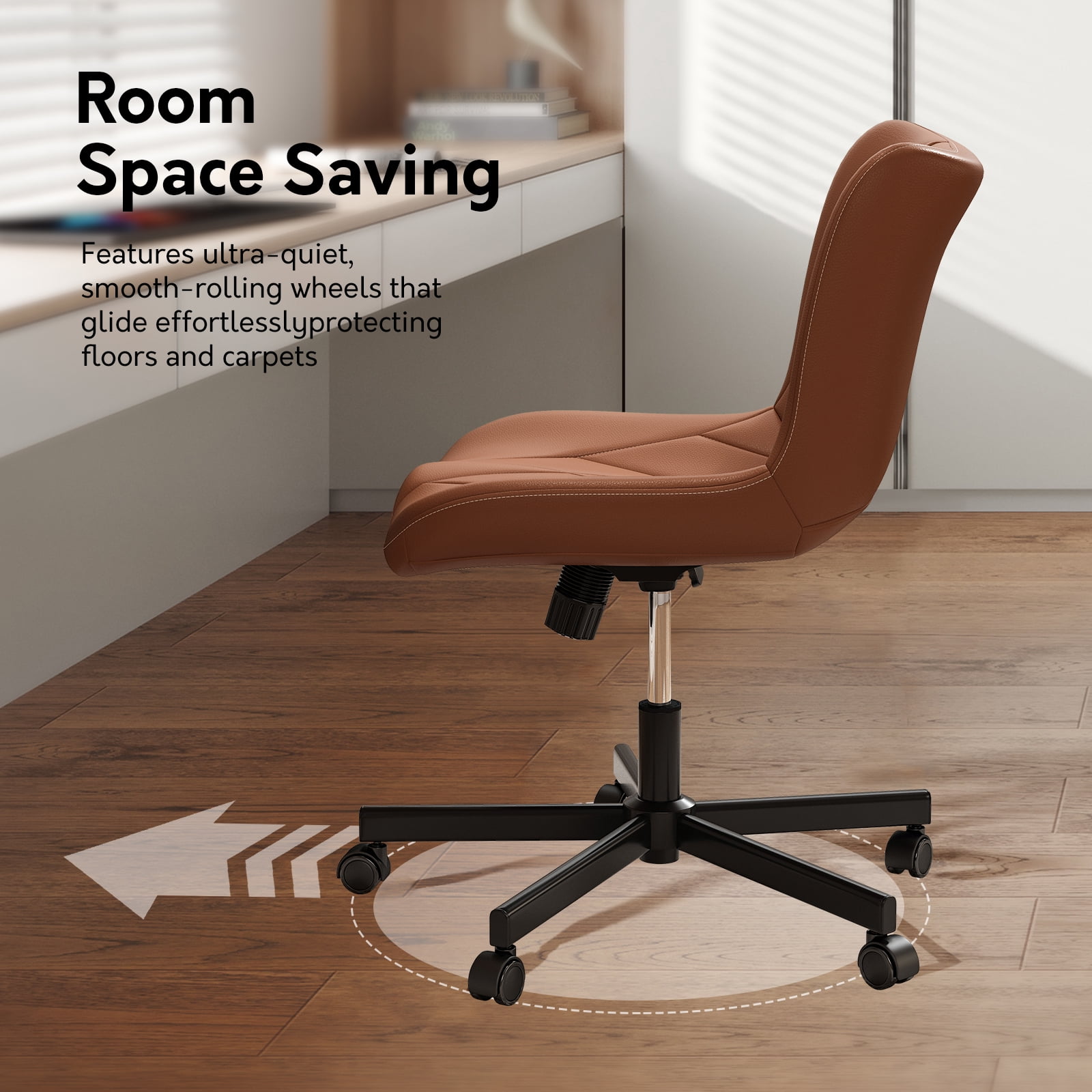Ninecer Adjustable Armless Office Chair, Leather Desk Chair with Wheels, Office Chair for Home Office, Computer Rolling Chair for Adults, Comfy Task Chair, Brown