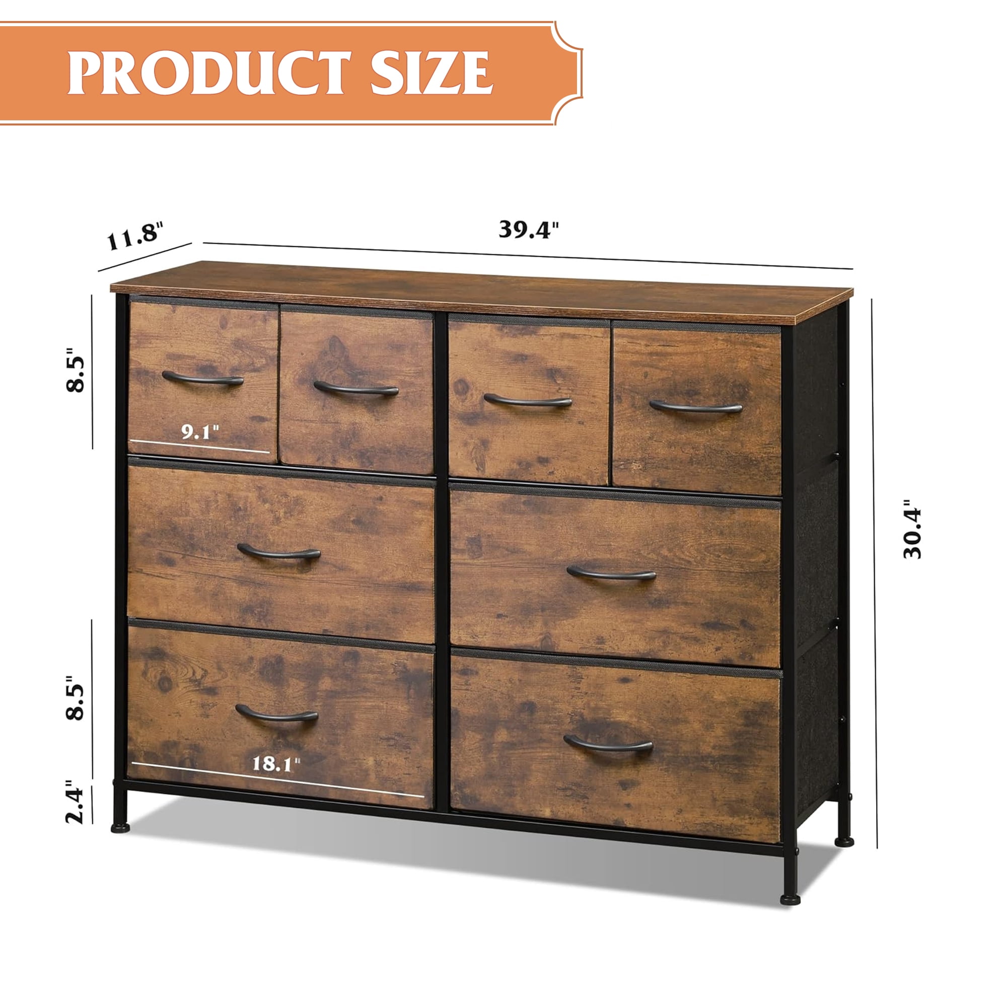 GALAXHERO 8 Drawers Dresser for Bedroom, Wide Fabric Storage Chest Drawers for Closet, Entryway, Rustic Brown Wood Grain