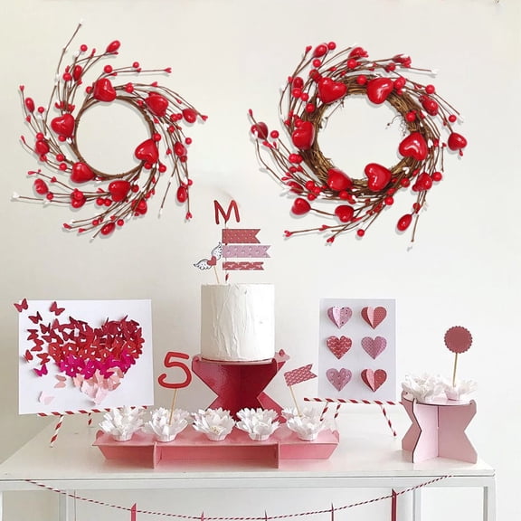 Valentine's Day Heart Wreath, Artificial Berry Wreath Featuring Red Hearts and Faux Greenery for Front Door Hanging, Closet, Or Wall Decoration To Celebrate The Holiday Blahzhy | Red
