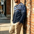 thumbnail image 6 of FGVCTG Mens T-Shirts Color Block Aztec Western Long Sleeve Henley Tops Button Neck Tee Loose Pullover Top for Casual Outings Daily Blue L, 6 of 7
