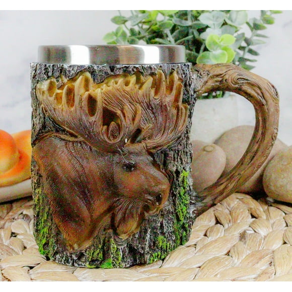Ebros The Emperor Woodlands Bull Moose Mug Textured With Rustic Tree Bark Design 12oz Drink Beer Stein Tankard Coffee Cup