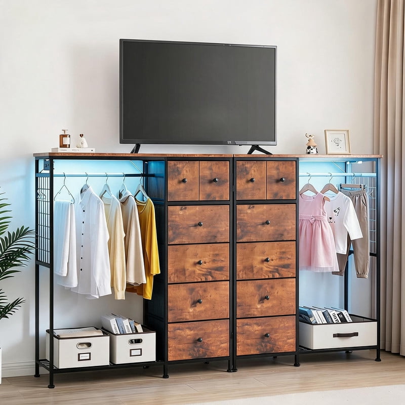 Simenmax 6-Drawer Storage Closet with LED Lights & Charging Station, 49.2" Wide Wooden Wardrobe Rack with Fabric Bins,Portable Clothing Organizer for Bedroom, Entryway, Brown