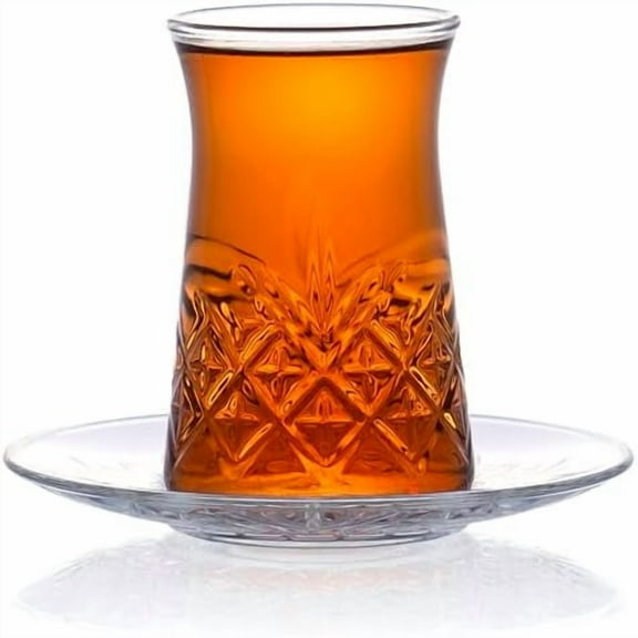 Set of 6 Fluted 5.5 Fl Oz Cut Glass Turkish Tea Cups with Saucers, Clear