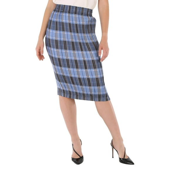 Burberry Ladies Pale Blue Check Plisse Pleated Check Pencil Skirt, Brand Size 2 (US Size 0)