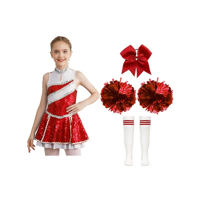 XUNZOO Costume de Pom-Pom Girl d'Halloween pour Filles Enfants, Robe de Danse de Cheerleading à Paillettes avec Pompons, Ensemble de Couvre-Chef et Chaussettes, Rouge, 10