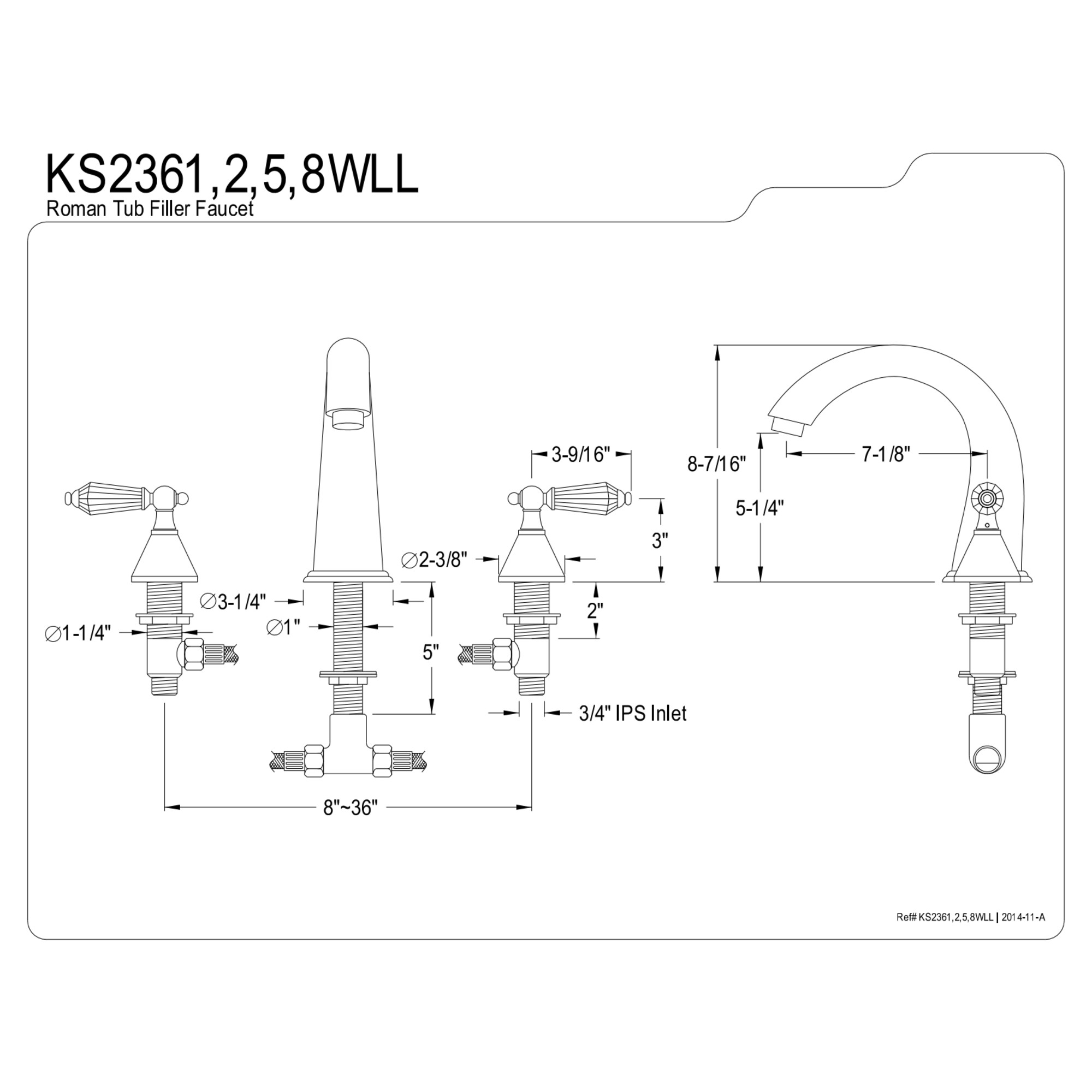 Kingston Brass KS2368WLL Wilshire Two-Handle Deck Mount Roman Tub Faucet, Brushed Nickel