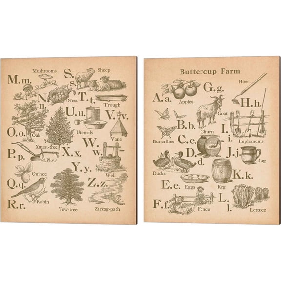 Great Art Now Vintage Alphabet by Wild Apple Portfolio 2 Piece Canvas Art Set Each 12"W x 15"H