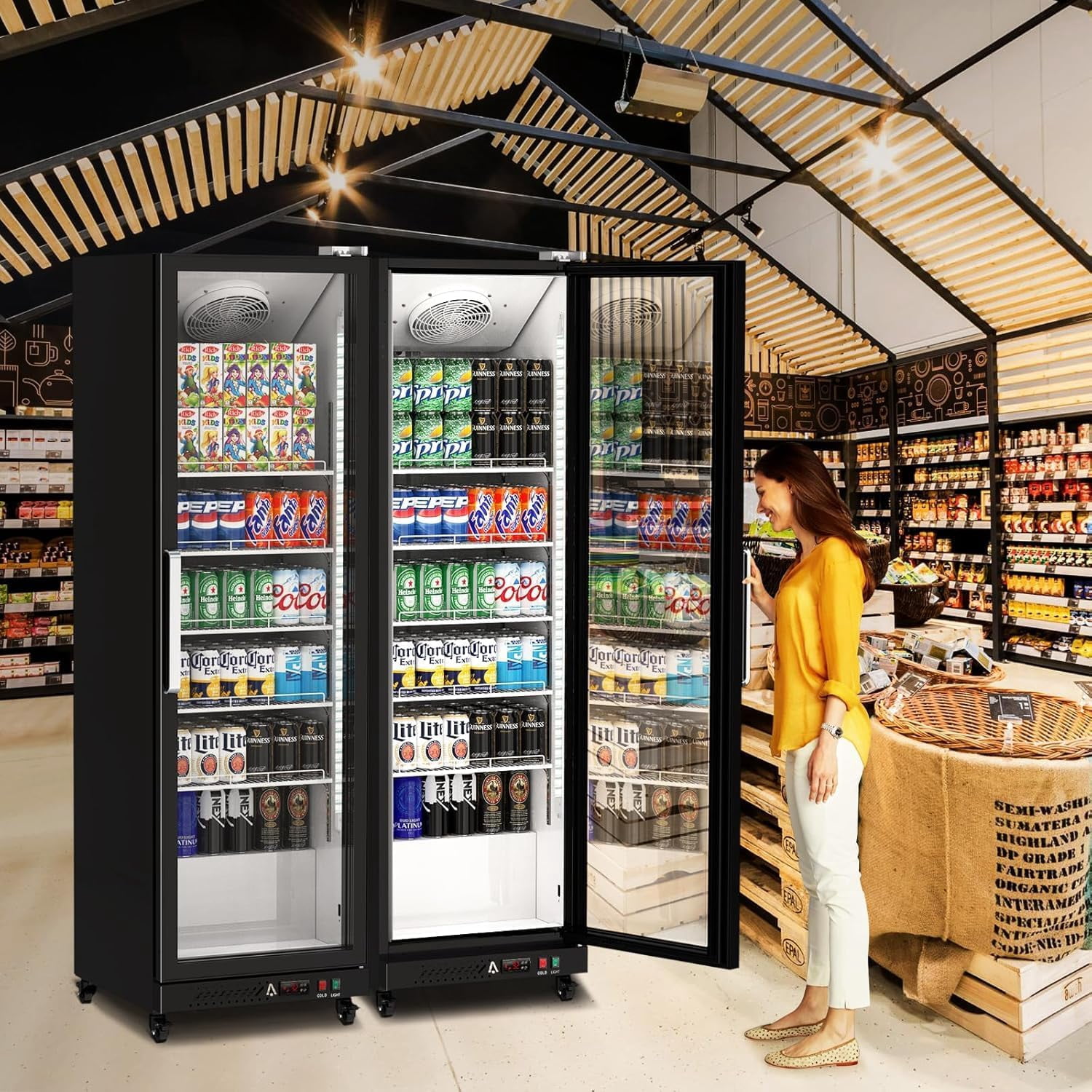 Homhougo Commercial Refrigerator, 12.4 Cu Ft Display Refrigerator Commercial, Upright Beverage Cooler With Reinforced Glass Door Fridge, Adjustable Shelves, Drink Organizers, Soft Led Light, Black
