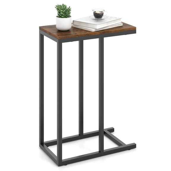 Costway C-shaped Side Table Industrial Sofa Table with Heavy-duty Metal Frame Brown