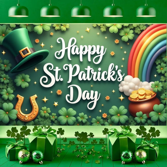 Green Theme St. Patrick's Day Banner Clover Pattern  Festival Display Rainbow Design Gold Coin Decoration Clover Backdrop for St. Patrick's Day Celebration  Party Indoor Decoration