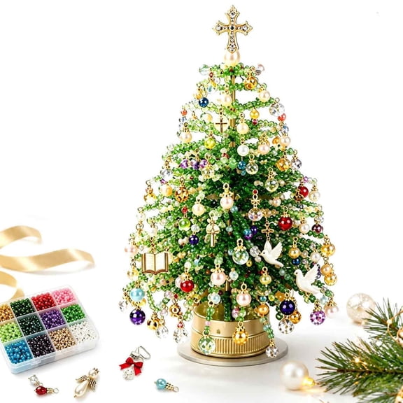 DIY Beaded Christmas Tree Kit with Lights, Beginner Friendly Mini Crystal Bead Xmas Tree Craft Set Create Your Own Sparkling Holiday Decoration