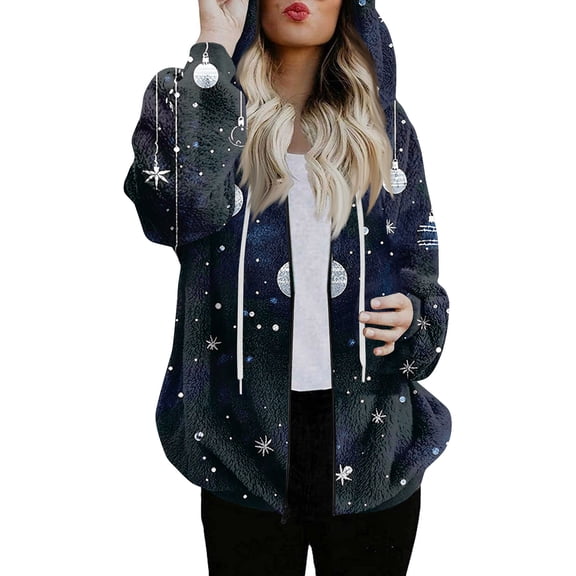 Women's Fashionable Casual Zippered Hooded Sweatshirt Jacket with Christmas Print and Drawstring, Furry Plush for Winter,Dark Blue,XL