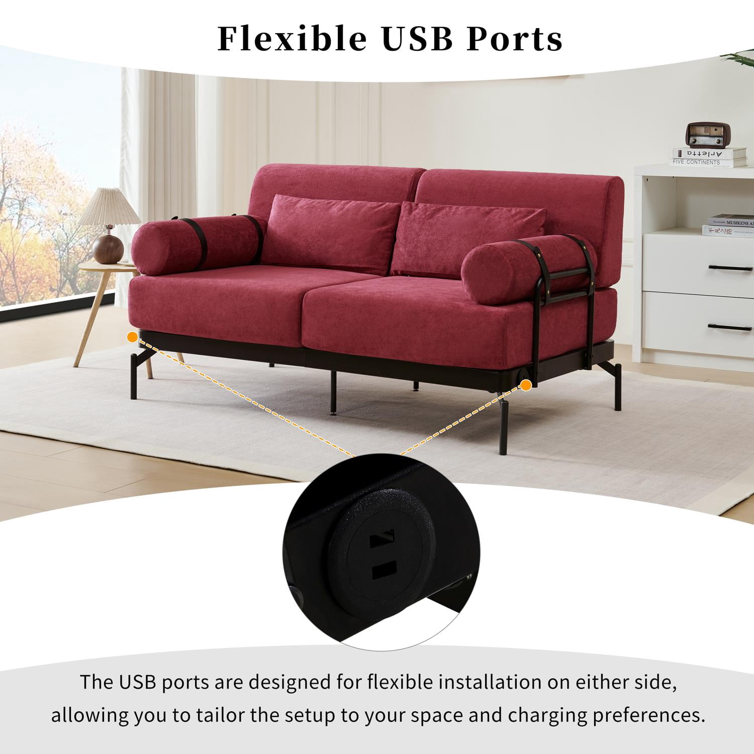 59" Loveseat Sofa with USB Ports,Modern Sofa Couch 2-Seater Sofa with 2 Pillows,Cylindrical Armrests for Living Room Bedroom Apartment,Red