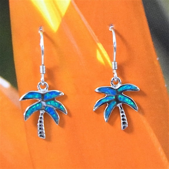 Beautiful Hawaiian Blue Opal Palm Tree Earring, Sterling Silver Blue Opal Palm Tree Dangle Earring, E4050 Birthday Mom Valentine Gift