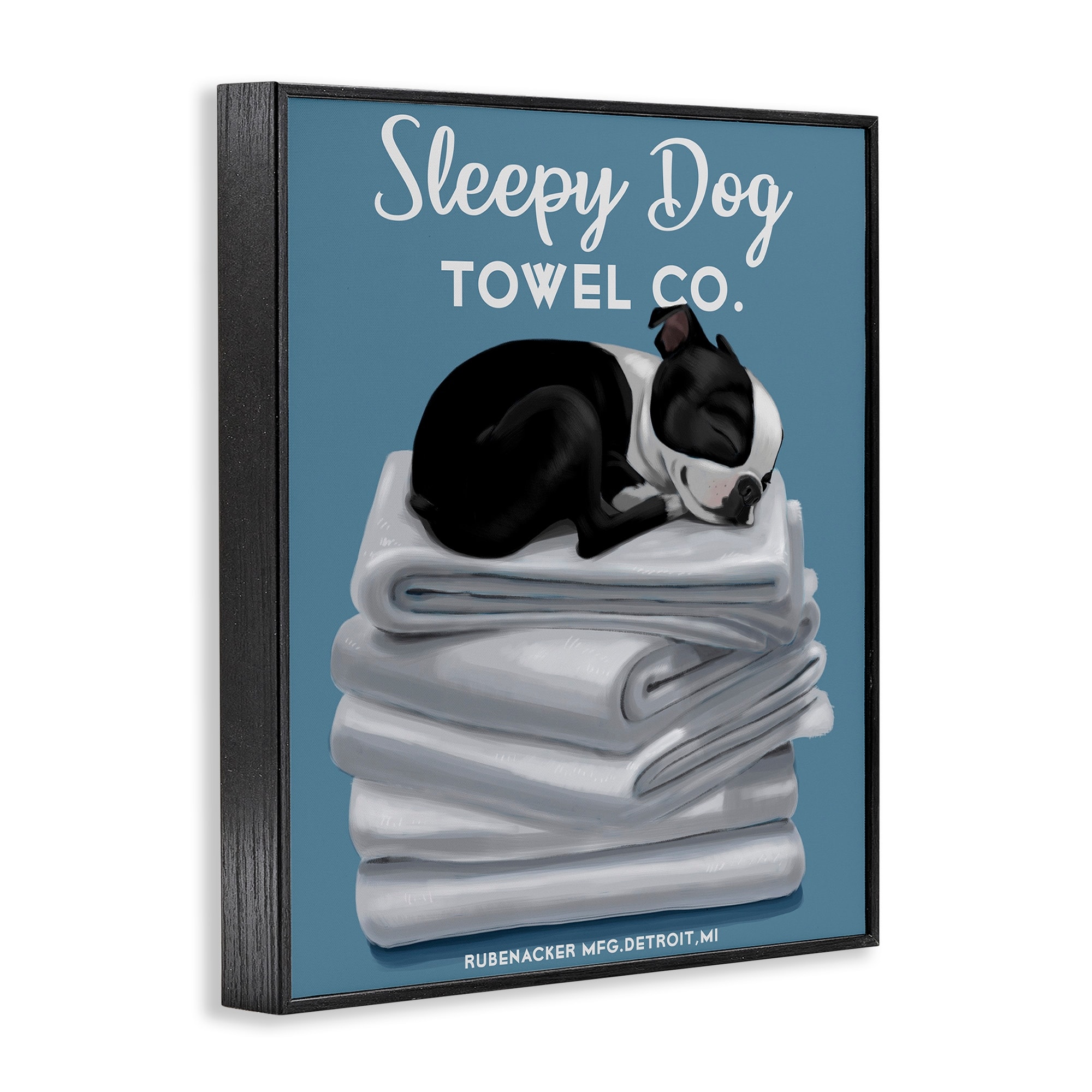 Stupell Industries Sleepy Dog Towel Co. Adorable Boston Terrier Bathroom, 11 x 14, Design by Brian Rubenacker