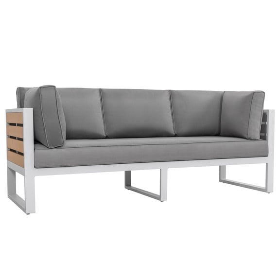 Nuu Garden Outdoor Three-seat Sofa with 4.7'' Thick Padded Cushion and Pillows, Powder-coated Aluminum and Imitation Wood Frame, Textilene and Polyester Fabric,  White and Gray