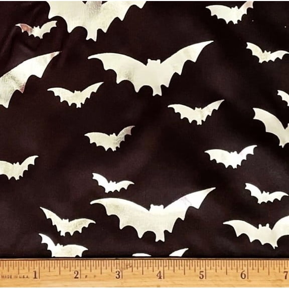 1 Yard - Halloween Silver Foil Bats on Black Polyester Satin Fabric (Great for a Costume, Party Table Decoration, Sewing, Craft Projects, & More) 1 Yard X 58" Wide