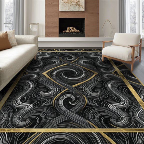 ODIKA 8'x10' Washable Area Rug Durable, Non-Slip Border Swirl Inlay Veined Streaks Flow Symmetrical Abstract Vein Refined for Living Room, Under Sectional, Family