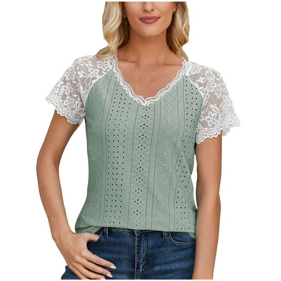 Raeneomay Cap Sleeve Tops for Women Versatile and Comfortable V-Neck Short Sleeved Lace Patchwork Top