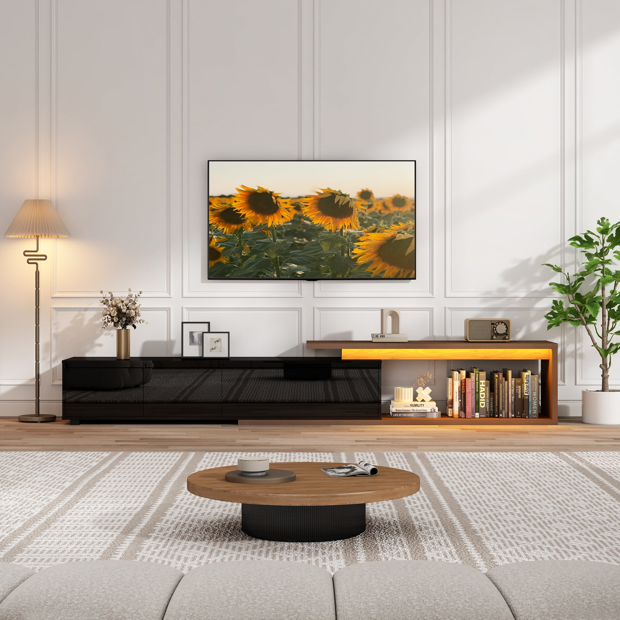 ANPOO Extendable TV Stand Cabinet with Drawers & LED Light, High Gloss Modern Minimalist Entertainment Center for Up to 120" TV, Reversible Extra Long TV Media Console, Black & Walnut
