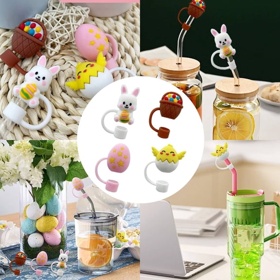 JHEHF Easter Straw Toppers 4Pcs 0.4in Cute Cup Straw Cover Cartoon Easter Eggs Chick Bunnies Design Straw Lid Plugs Reusable Cup Accessories Party Supplies & Gifts