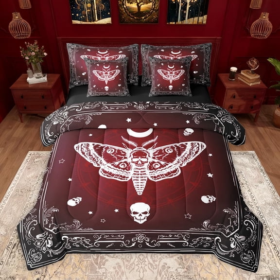 Homewish Abstract Skull Moth Bedding Comforter Set 7-Piece for Teens,Gothic Style King Bedding Sets,Black Red Ultra Soft Bed Sheets,Ultra Soft Home Decor,Reversible