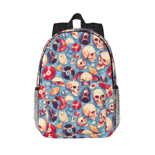 Easygdp music Skull record Retro Mochila Ligera de 15 Pulgadas para Estudiantes, Mochila Cómoda para la Escuela y Viajes, Correas Ajustables