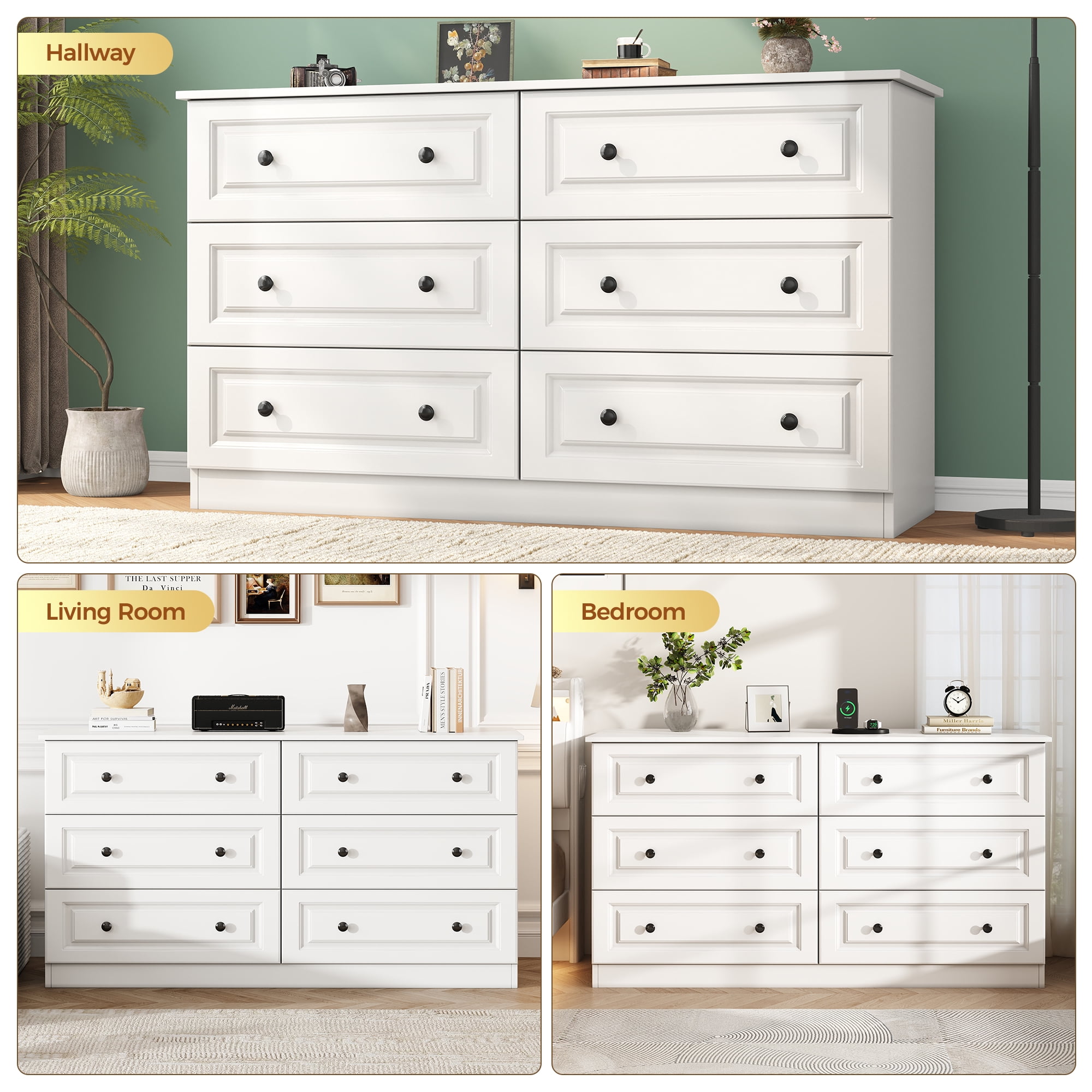 NEGYLIM 6-Drawer White Dresser, 47-inch Wide Chest for Bedroom Storage, Farmhouse Style with Anti-Tip Safety