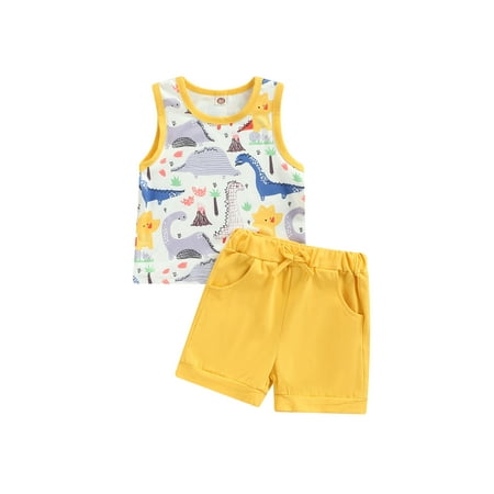 

Genuiskids Toddler Baby Boy Dinosaur Shorts Summer Clothes Cute Sleeveless T Shirt Tank Tees Tops+Short Pants Outfit Set