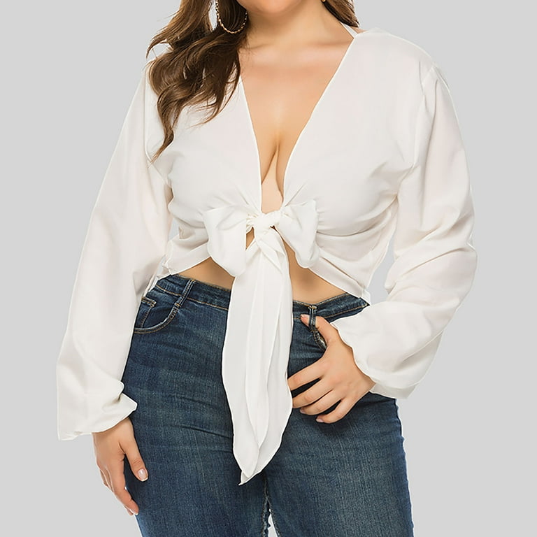 Women's Tie Front Crop Tops Sexy Deep V Neck Long Sleeve Blouse
