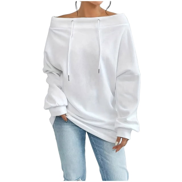 LAJPXKHY Chandails en Molleton pour Femmes Robe Décontractée à Épaules Dénudées avec Cordon de Serrage Manches Longues Chandail