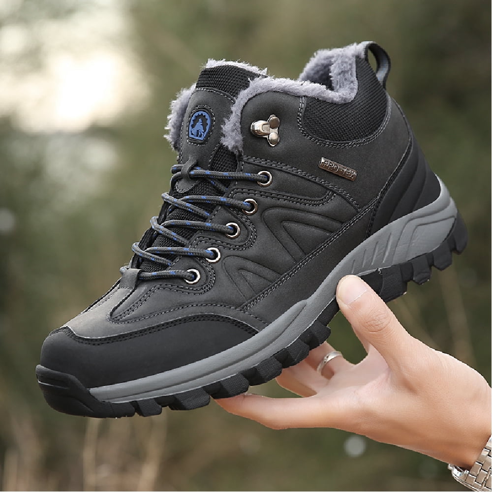 Mens Hiking Snow Boots Padded Warm Cotton Shoes Non-slip Lightweight Sneakers Waterproof Fur Lined Bare Boots Gray 7.5 UK