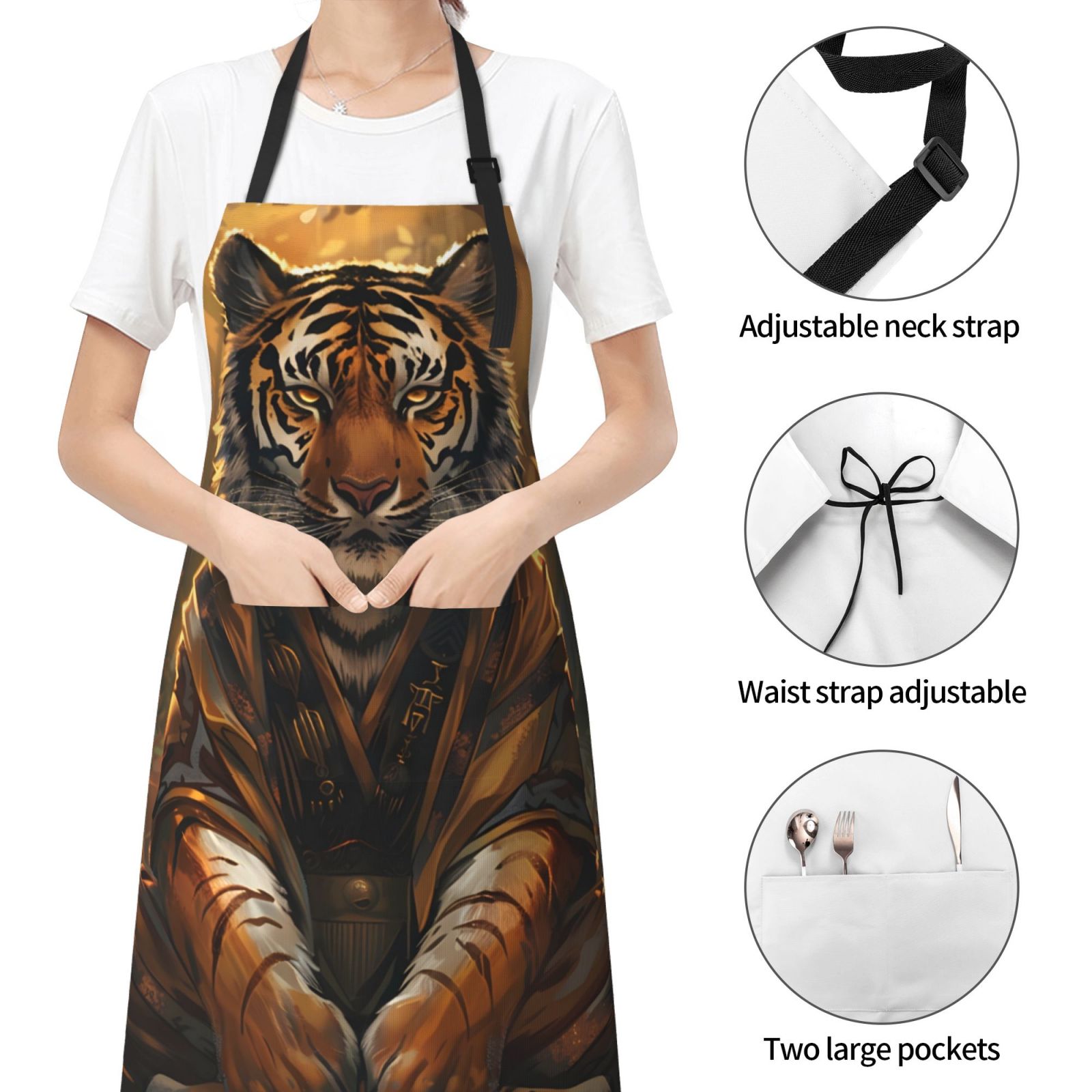Kdxio Tiger In The Fallen Leaf Forest Apron with Pockets Adjustable Kitchen Aprons for Men Women Waterproof Aprons for Cooking,Drawing,Crafting, Baking Household Cleaning