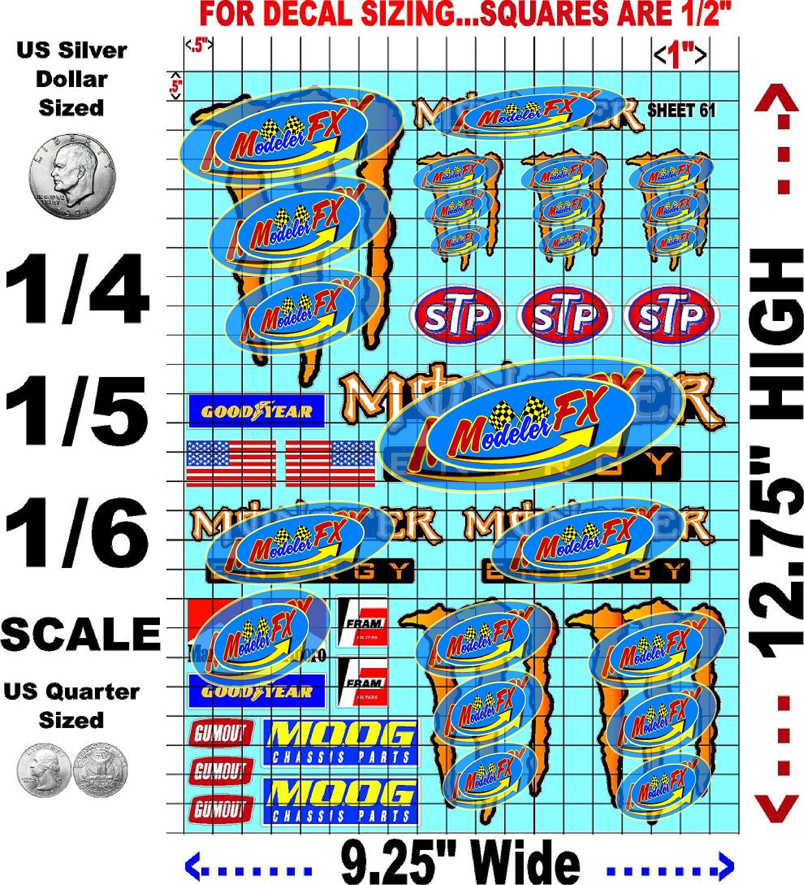 Clear Vinyl R/C Racing Sponsor Sticker Gang Sheet 61-1/4-1/5 � 1/6th Scale Model Decal Sticker Sheet Radio Control Lexan Body � Die-Cut to Shape - Peel & Stick � Water Slide - Orange - Monsters