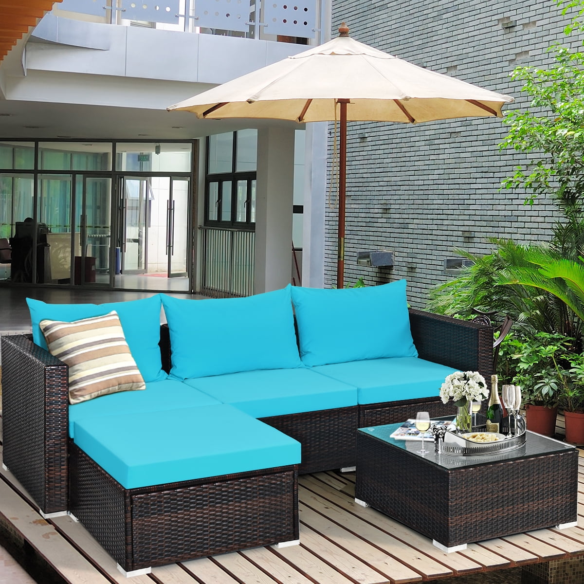 Gymax 5PCS Cushioned Rattan Patio Conversation Set w ...