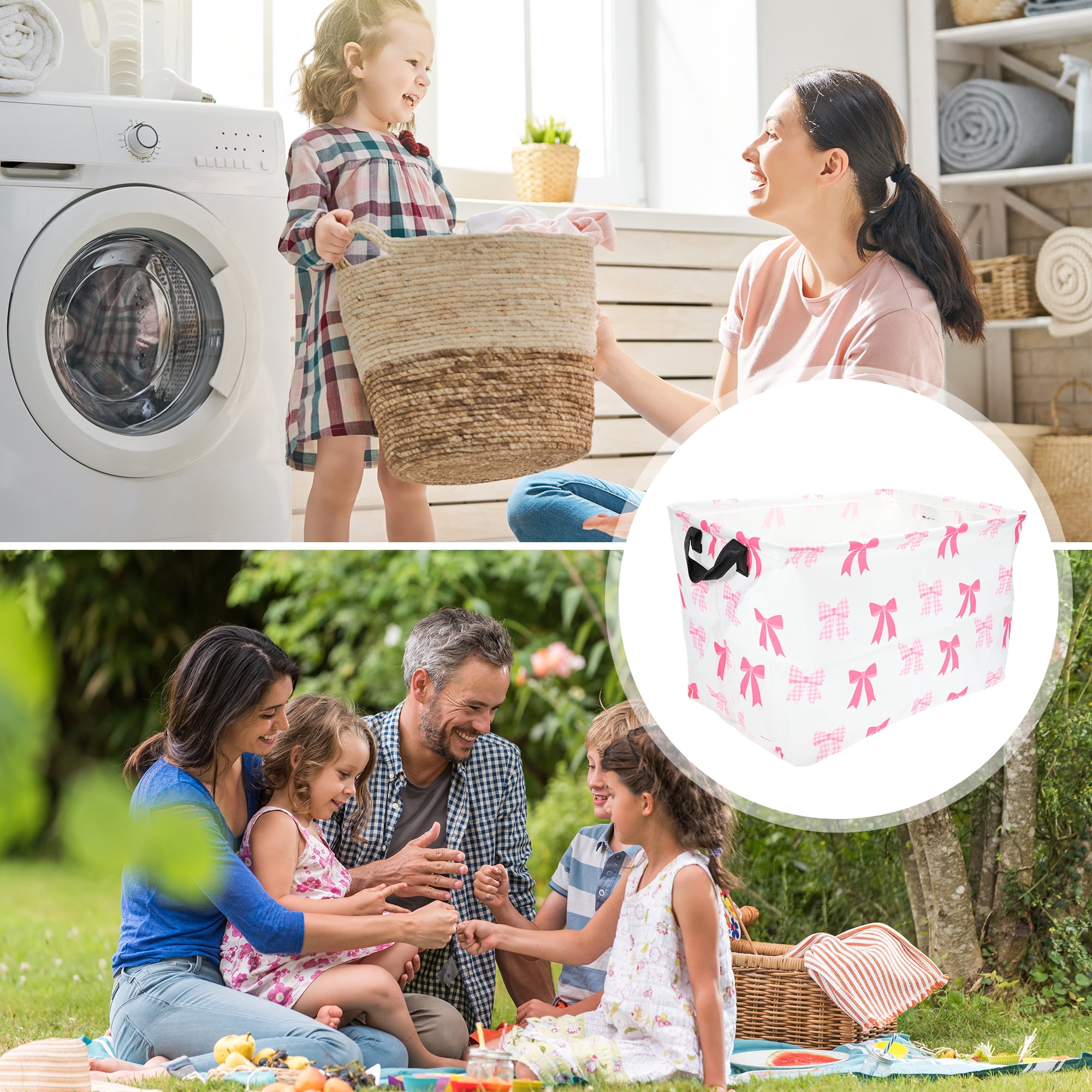 Unique Bargains Bow Print Storage Basket with Handles 14.9x10.2x8.6in 1 Pc Pink, White