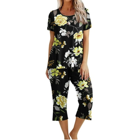 

OVBMPZD 2PC Women s Printed Round Neck Short Sleeve Casual Sleepshirt +Loose Cropped Pants Sets Loungewear Pajamas With Pockets Yellow XL
