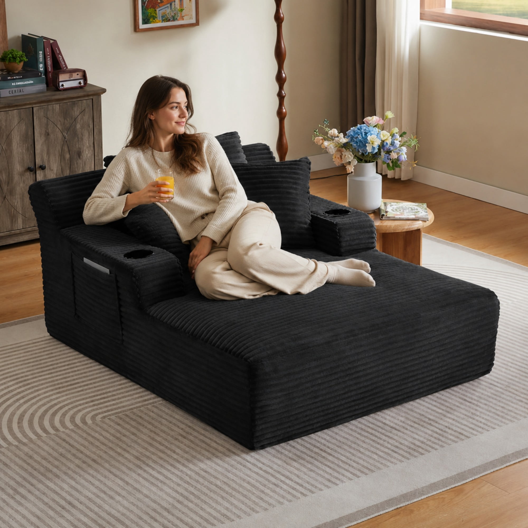 BSHTI 66.1" Corduroy Oversized Chaise Lounge Chair with Cup Holder, Side Pockets and Boneless Design for Living Room（Black）