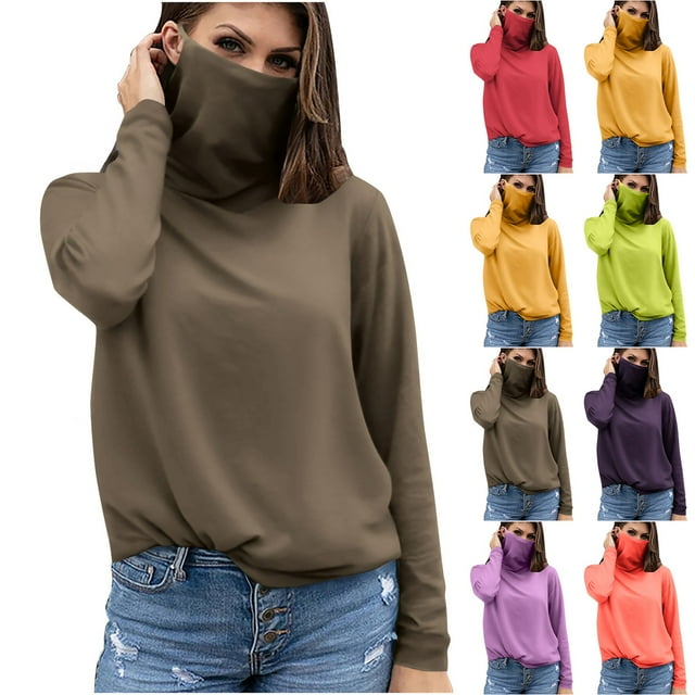 QIUOMBBP Chemises de Protection Solaire pour Femmes à Manches Longues Unies UPF 50+ Hauts avec Masque Facial Amples Décontractés Légers T-Shirts d'Été de Randonnée Brun Olive m