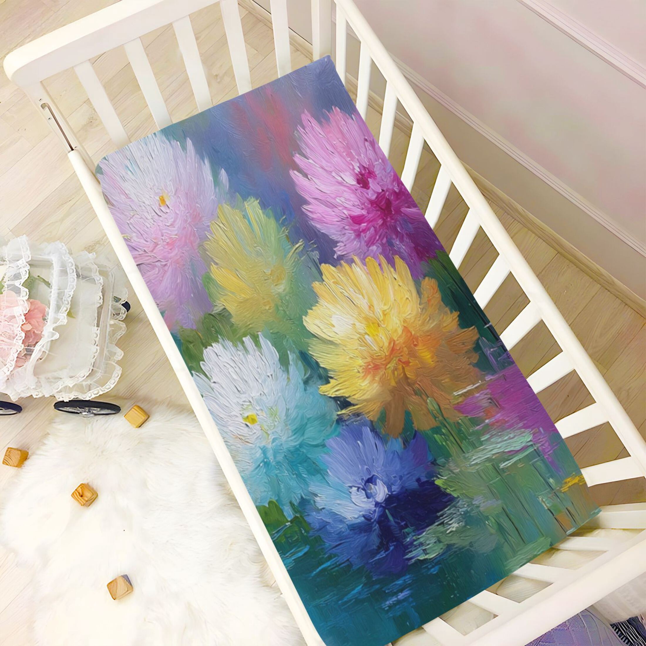 Baby Essentials 52”x 28”- Standard Cotton-like Modal Elastic- Impressionist Style Design Crib Sheets for Newborns and Toddlers
