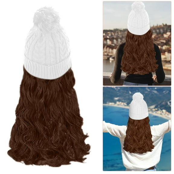 DOPI Beanie Hat Knit With Long Wavy Curly Hair Extensions Wig Dismountable Warm Knitted Attached 20inch Synthetic Hairpiece For Women