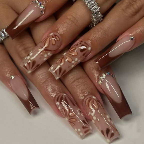 24PCS Shining Press On Nails French Floral Pattern Decoration Long Coffin False Nails Easy Application