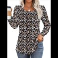 thumbnail image 3 of Blusas Plisadas de Larga Abullonada para Mujer, Cuello Redondo, Elegantes, Informales, Holgadas, para Invierno y . Floral Negro M, 3 of 5