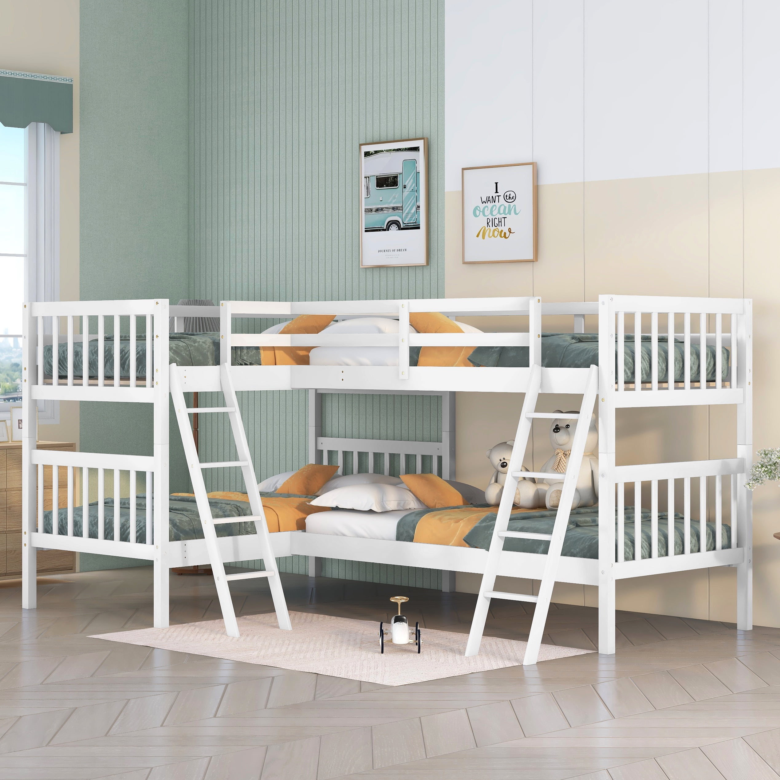 Bellemave Quad Bunk Bed Twin Over Twin, Wood L Shaped Bunk Bed for 4