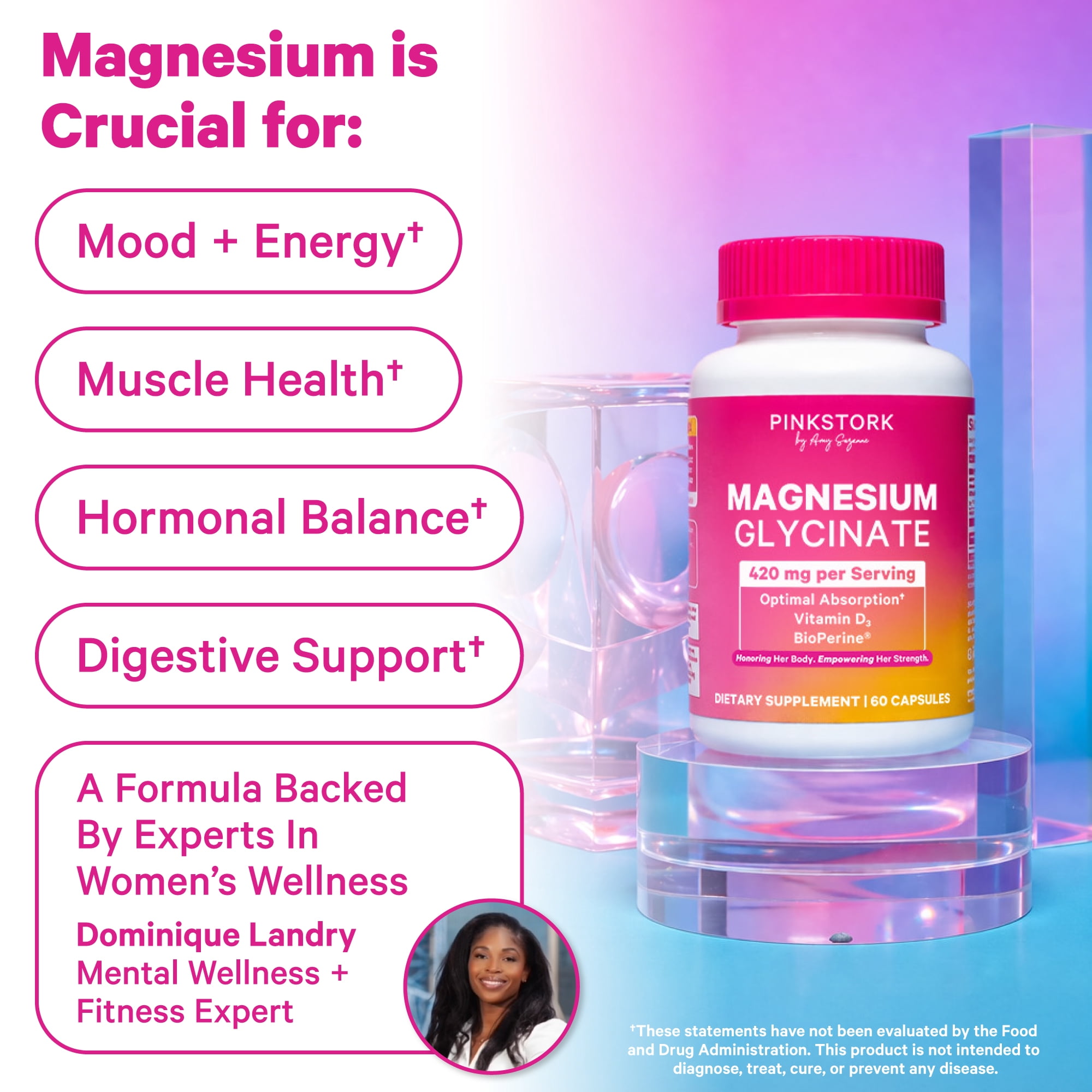 Pink Stork Magnesium Glycinate Supplement, Sleep and Stress Support, Vitamin D3, 60 Capsules