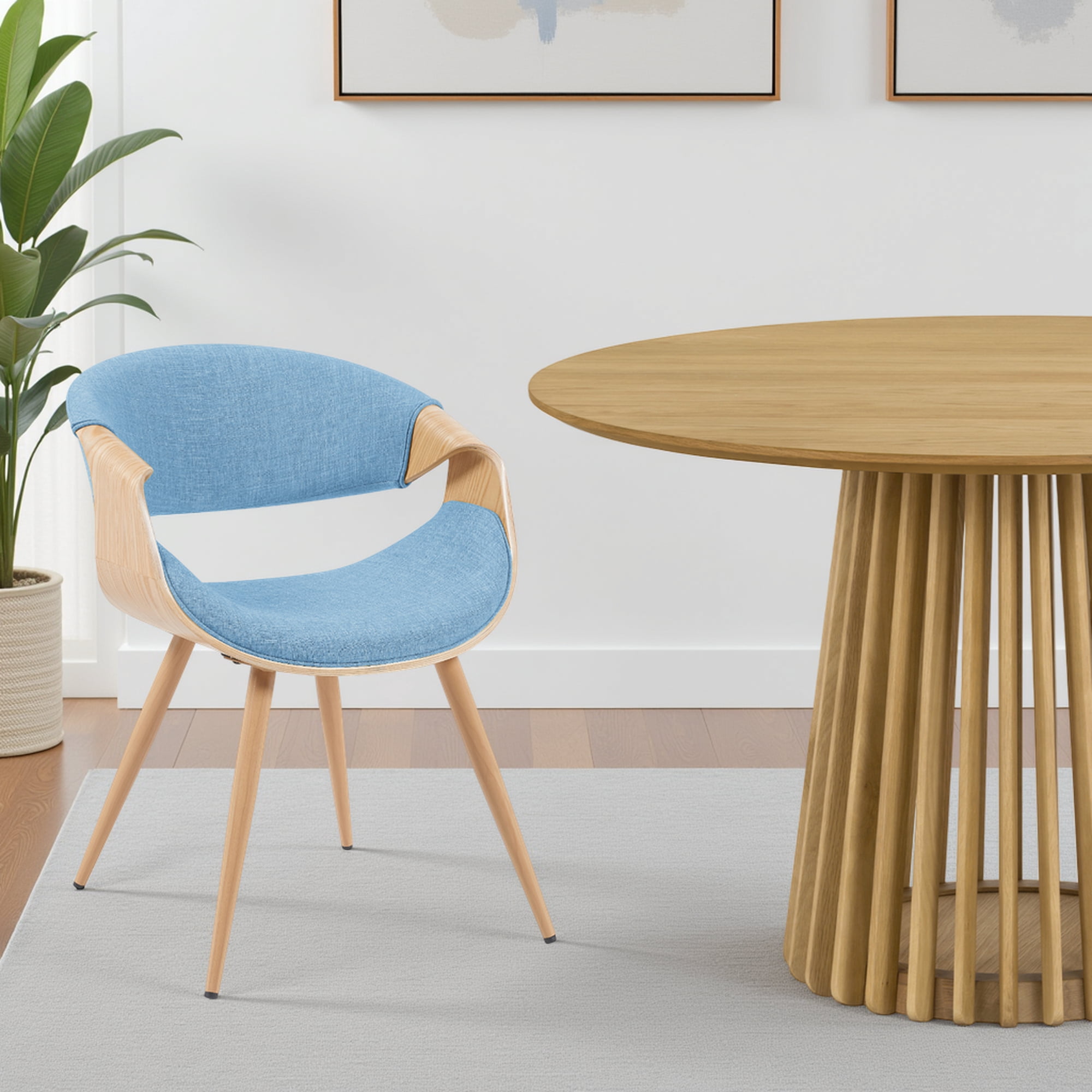 Butterfly Mid-Century Upholstered Dining Chair in Light Blue and Patterned Oak Finish