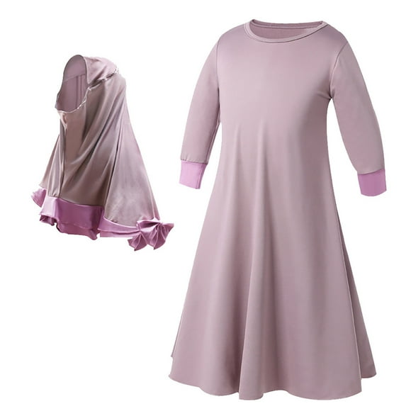 GDREDA Muslim Girls Dress for Kids Long Sleeve Islamic Prayer Abaya Dress Maxi Kaftan Thobe with Hijab 2PCS Modest Clothes (Purple,5-6 Years)